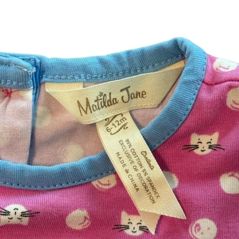 Matilda Jane Pink Kitty Cat Polka Dot Long Sleeve Baby Dress 12M Cotton Blend